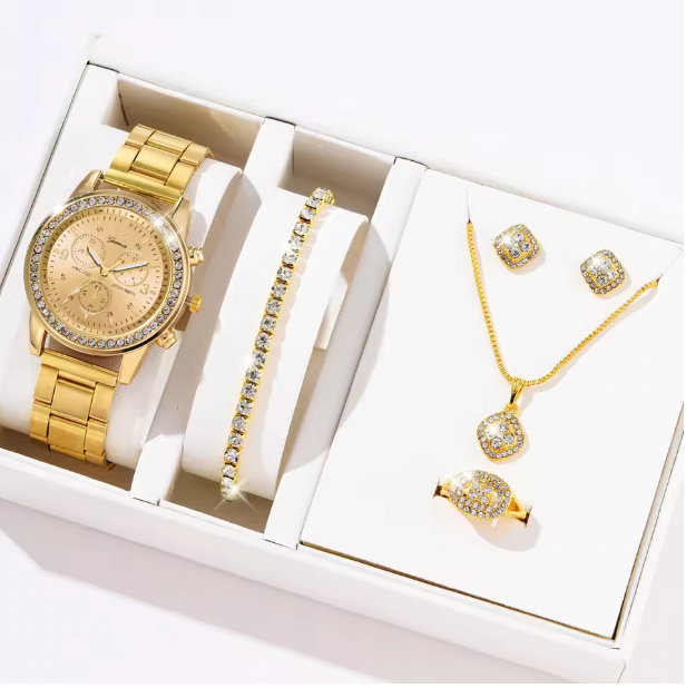 Blush Elegance Luxury Jewelry Set - Women's Rhinestone Quartz Watch, Necklace, Earrings & Ring