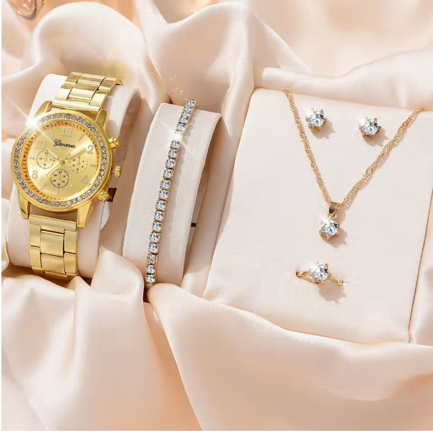 Blush Elegance Luxury Jewelry Set - Women's Rhinestone Quartz Watch, Necklace, Earrings & Ring