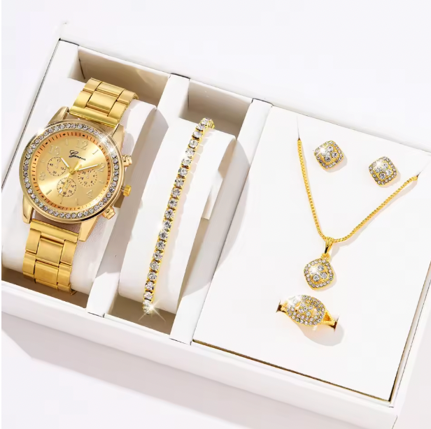 Blush Elegance Luxury Jewelry Set - Women's Rhinestone Quartz Watch, Necklace, Earrings & Ring