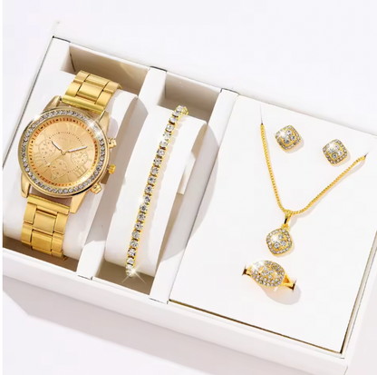 Blush Elegance Luxury Jewelry Set - Women's Rhinestone Quartz Watch, Necklace, Earrings & Ring