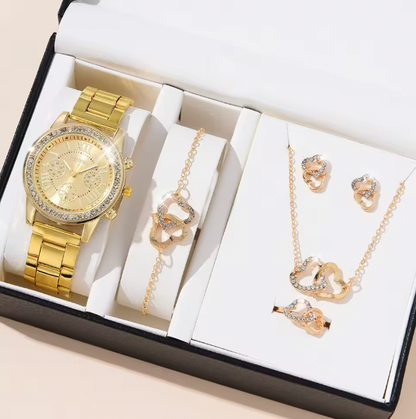 Blush Elegance Luxury Jewelry Set - Women's Rhinestone Quartz Watch, Necklace, Earrings & Ring