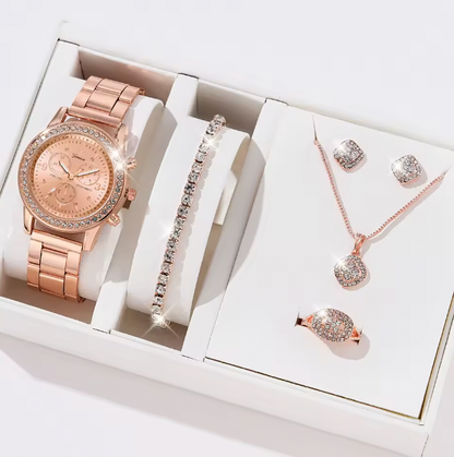 Blush Elegance Luxury Jewelry Set - Women's Rhinestone Quartz Watch, Necklace, Earrings & Ring