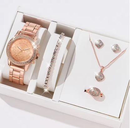 Blush Elegance Luxury Jewelry Set - Women's Rhinestone Quartz Watch, Necklace, Earrings & Ring