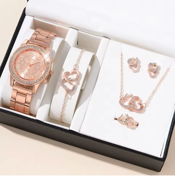 Blush Elegance Luxury Jewelry Set - Women's Rhinestone Quartz Watch, Necklace, Earrings & Ring