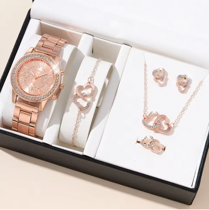 Blush Elegance Luxury Jewelry Set - Women's Rhinestone Quartz Watch, Necklace, Earrings & Ring