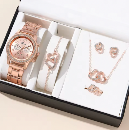 Blush Elegance Luxury Jewelry Set - Women's Rhinestone Quartz Watch, Necklace, Earrings & Ring