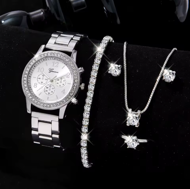 Blush Elegance Luxury Jewelry Set - Women's Rhinestone Quartz Watch, Necklace, Earrings & Ring