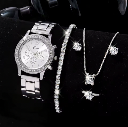 Blush Elegance Luxury Jewelry Set - Women's Rhinestone Quartz Watch, Necklace, Earrings & Ring