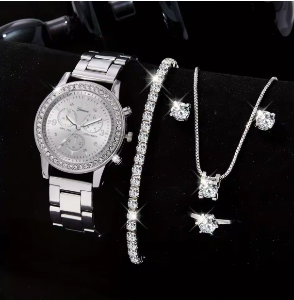 Blush Elegance Luxury Jewelry Set - Women's Rhinestone Quartz Watch, Necklace, Earrings & Ring