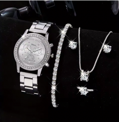 Blush Elegance Luxury Jewelry Set - Women's Rhinestone Quartz Watch, Necklace, Earrings & Ring