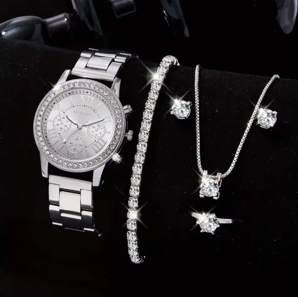 Blush Elegance Luxury Jewelry Set - Women's Rhinestone Quartz Watch, Necklace, Earrings & Ring