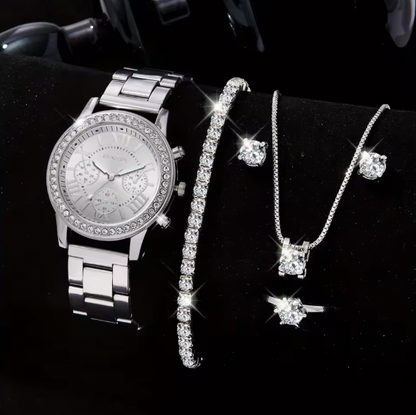 Blush Elegance Luxury Jewelry Set - Women's Rhinestone Quartz Watch, Necklace, Earrings & Ring