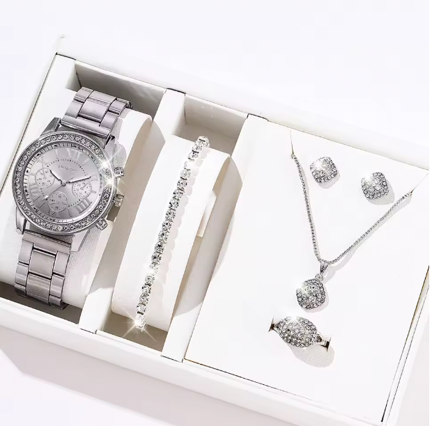 Blush Elegance Luxury Jewelry Set - Women's Rhinestone Quartz Watch, Necklace, Earrings & Ring