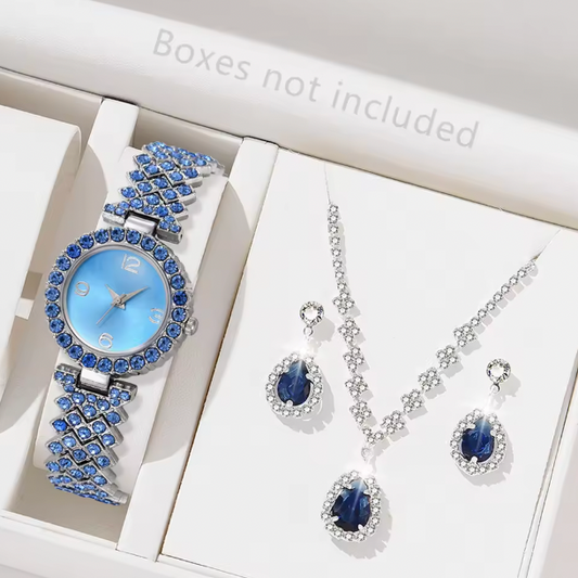 Azure Charm Luxury Jewelry Set - 4PCS/Set Square Diamond Starry Sky Black Dial Quartz Wristwatch PU Leather Strap Watch Jewelry Set Gift For Her