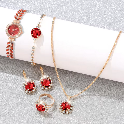Scarlet Elegance Set - 6PCS/Set Women Red Watch Fashionable Luxury Red Dial Quartz Wristwatch Alloy Strap Watch Red Gemstone Jewelry Set Gift For Mom