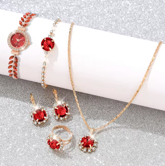 Scarlet Elegance Set - 6PCS/Set Women Red Watch Fashionable Luxury Red Dial Quartz Wristwatch Alloy Strap Watch Red Gemstone Jewelry Set Gift For Mom