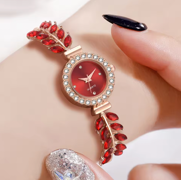 Scarlet Elegance Set - 6PCS/Set Women Red Watch Fashionable Luxury Red Dial Quartz Wristwatch Alloy Strap Watch Red Gemstone Jewelry Set Gift For Mom