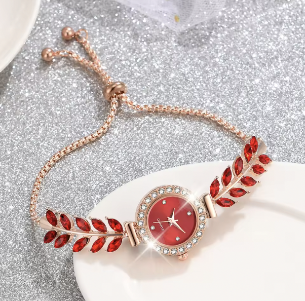 Scarlet Elegance Set - 6PCS/Set Women Red Watch Fashionable Luxury Red Dial Quartz Wristwatch Alloy Strap Watch Red Gemstone Jewelry Set Gift For Mom