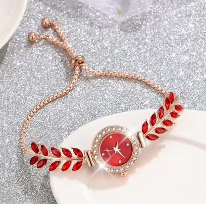 Scarlet Elegance Set - 6PCS/Set Women Red Watch Fashionable Luxury Red Dial Quartz Wristwatch Alloy Strap Watch Red Gemstone Jewelry Set Gift For Mom