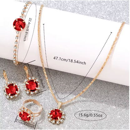 Scarlet Elegance Set - 6PCS/Set Women Red Watch Fashionable Luxury Red Dial Quartz Wristwatch Alloy Strap Watch Red Gemstone Jewelry Set Gift For Mom