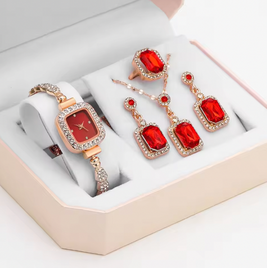Ruby Glow Ensemble - 5PCS Set Luxury Square Watch Women Ring Necklace Earring Rhinestone Fashion Watch Casual Ladies Bracelet Watches Montre Femme