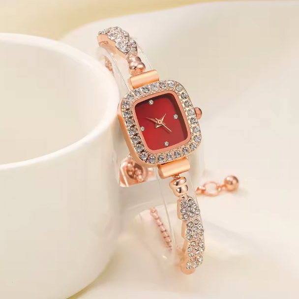 Ruby Glow Ensemble - 5PCS Set Luxury Square Watch Women Ring Necklace Earring Rhinestone Fashion Watch Casual Ladies Bracelet Watches Montre Femme