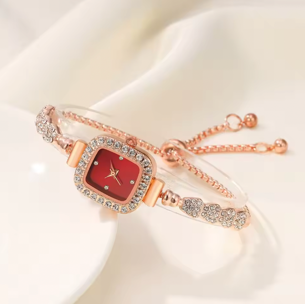 Ruby Glow Ensemble - 5PCS Set Luxury Square Watch Women Ring Necklace Earring Rhinestone Fashion Watch Casual Ladies Bracelet Watches Montre Femme