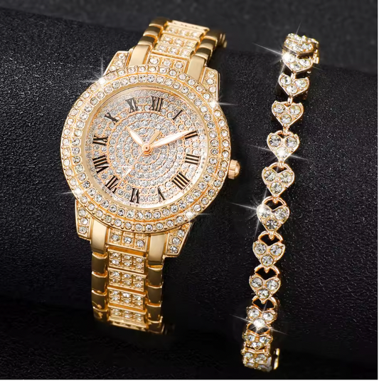 Eternal Glow Set - 2PCS/Set Women's Watch Fashion Full Diamond Roman Dial Steel Band Quartz Watch Rhinestone Heart Bracelet Set（Without Box）
