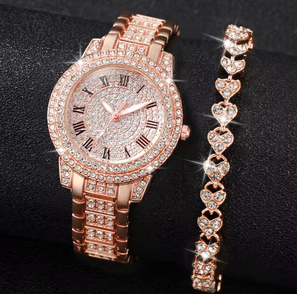 Eternal Glow Set - 2PCS/Set Women's Watch Fashion Full Diamond Roman Dial Steel Band Quartz Watch Rhinestone Heart Bracelet Set（Without Box）