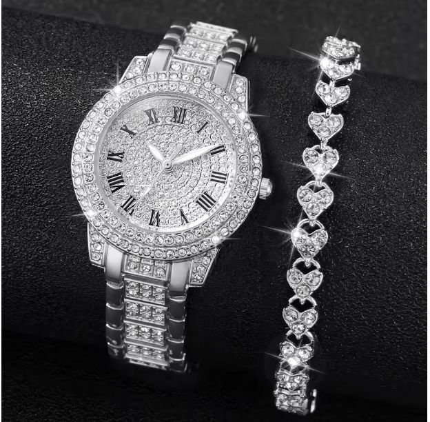 Eternal Glow Set - 2PCS/Set Women's Watch Fashion Full Diamond Roman Dial Steel Band Quartz Watch Rhinestone Heart Bracelet Set（Without Box）