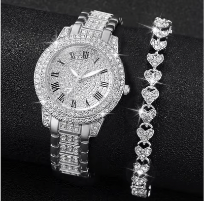 Eternal Glow Set - 2PCS/Set Women's Watch Fashion Full Diamond Roman Dial Steel Band Quartz Watch Rhinestone Heart Bracelet Set（Without Box）