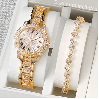 Eternal Glow Set - 2PCS/Set Women's Watch Fashion Full Diamond Roman Dial Steel Band Quartz Watch Rhinestone Heart Bracelet Set（Without Box）