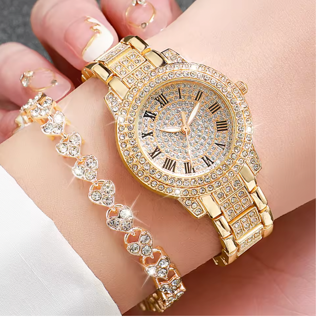 Eternal Glow Set - 2PCS/Set Women's Watch Fashion Full Diamond Roman Dial Steel Band Quartz Watch Rhinestone Heart Bracelet Set（Without Box）