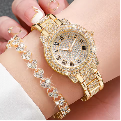Eternal Glow Set - 2PCS/Set Women's Watch Fashion Full Diamond Roman Dial Steel Band Quartz Watch Rhinestone Heart Bracelet Set（Without Box）