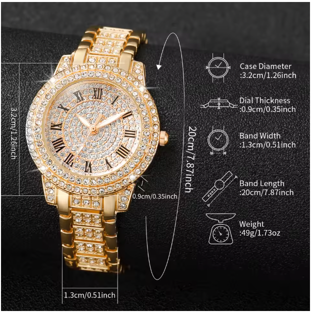 Eternal Glow Set - 2PCS/Set Women's Watch Fashion Full Diamond Roman Dial Steel Band Quartz Watch Rhinestone Heart Bracelet Set（Without Box）