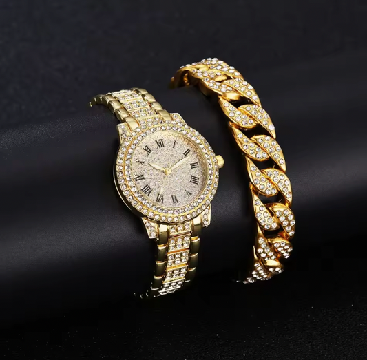 Golden Allure Ensemble Set - 2pcs Luxury Women Diamond Watches Hip Hop Bracelet Ladies Quartz Watch Rose Gold Womens Wristwatch Shiny Crystal Reloj Mujer