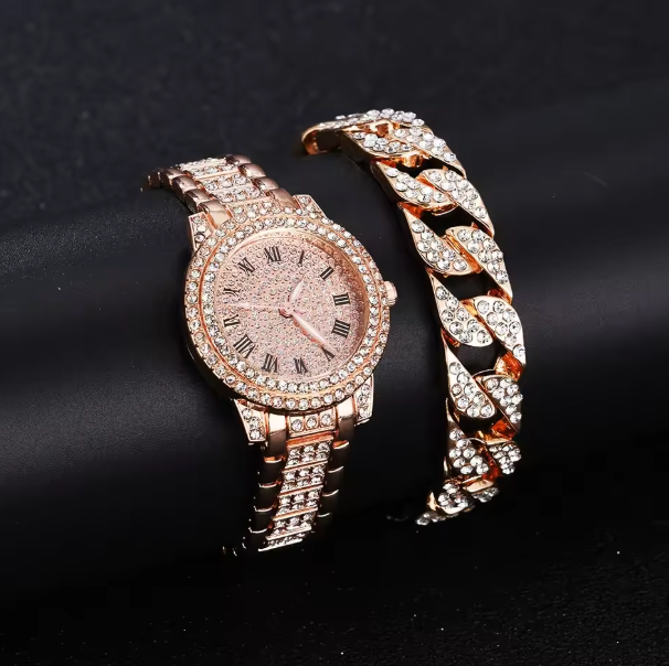 Golden Allure Ensemble Set - 2pcs Luxury Women Diamond Watches Hip Hop Bracelet Ladies Quartz Watch Rose Gold Womens Wristwatch Shiny Crystal Reloj Mujer
