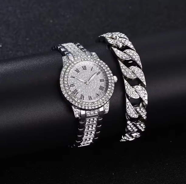 Golden Allure Ensemble Set - 2pcs Luxury Women Diamond Watches Hip Hop Bracelet Ladies Quartz Watch Rose Gold Womens Wristwatch Shiny Crystal Reloj Mujer