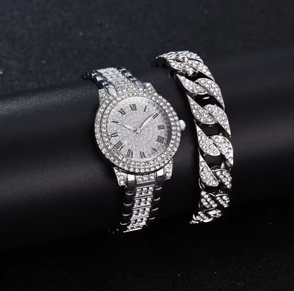 Golden Allure Ensemble Set - 2pcs Luxury Women Diamond Watches Hip Hop Bracelet Ladies Quartz Watch Rose Gold Womens Wristwatch Shiny Crystal Reloj Mujer