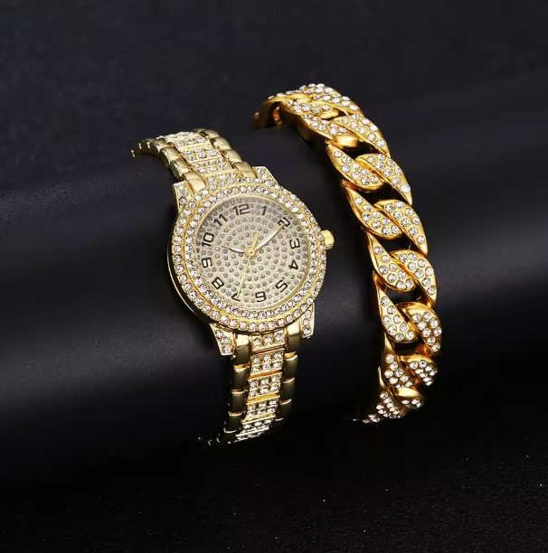 Golden Allure Ensemble Set - 2pcs Luxury Women Diamond Watches Hip Hop Bracelet Ladies Quartz Watch Rose Gold Womens Wristwatch Shiny Crystal Reloj Mujer
