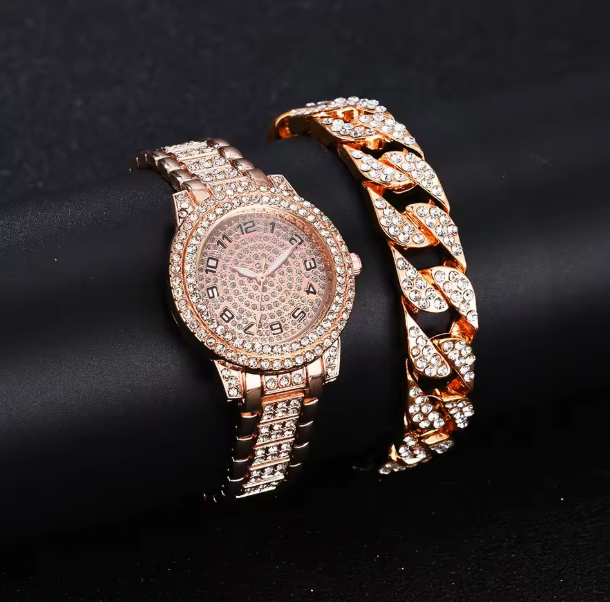 Golden Allure Ensemble Set - 2pcs Luxury Women Diamond Watches Hip Hop Bracelet Ladies Quartz Watch Rose Gold Womens Wristwatch Shiny Crystal Reloj Mujer