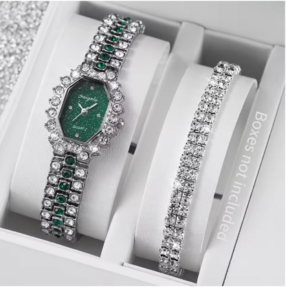 Bastet Luxury Jewelry Set - 2PCS/Set Fashion Rhinestone Women's Watch Bracelet Band Ladies Quartz Watch（Without Box）