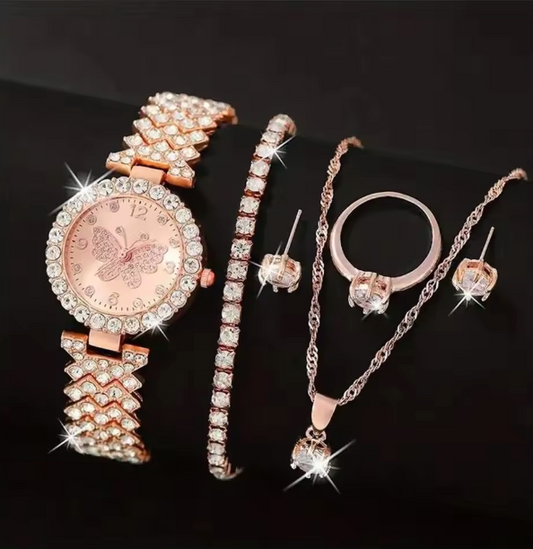 Sunlit Elegance Set - 6 Piece Jewelry Set Rose Gold Luxury Watches Women Rings Necklace Earrings Rhinestone Fashion Watches Casual Women Watches