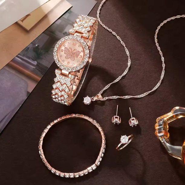 Sunlit Elegance Set - 6 Piece Jewelry Set Rose Gold Luxury Watches Women Rings Necklace Earrings Rhinestone Fashion Watches Casual Women Watches