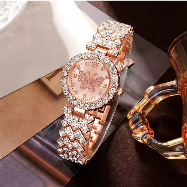Sunlit Elegance Set - 6 Piece Jewelry Set Rose Gold Luxury Watches Women Rings Necklace Earrings Rhinestone Fashion Watches Casual Women Watches
