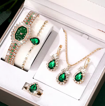 Verdant Glow Jewelry Set - 6pcs Women's Elegant Quartz Watch Alloy Strap with Digital Scale Rose Gold and Alloy Water Diamond Water Drop Bracelet Necklace