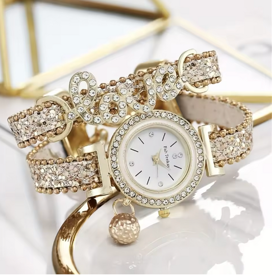 Auric Bliss Set - LOVE Rhinestone Decor Quartz Bracelet Watch Luxury Analog Party Dress Bangle Watch Gift For Women/Her
