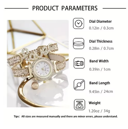 Auric Bliss Set - LOVE Rhinestone Decor Quartz Bracelet Watch Luxury Analog Party Dress Bangle Watch Gift For Women/Her