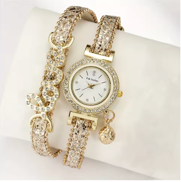 Auric Bliss Set - LOVE Rhinestone Decor Quartz Bracelet Watch Luxury Analog Party Dress Bangle Watch Gift For Women/Her