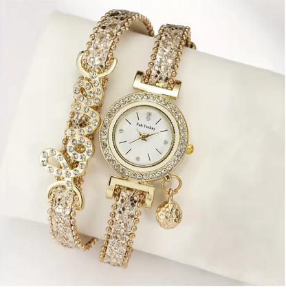 Auric Bliss Set - LOVE Rhinestone Decor Quartz Bracelet Watch Luxury Analog Party Dress Bangle Watch Gift For Women/Her